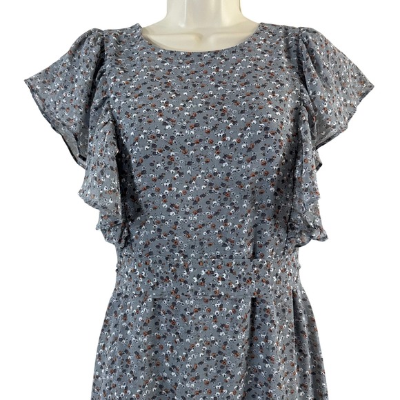 Mikarose Women's Dress Faded Blue Floral Tie Ruffles Sleeves Spring Midi Size XS - Picture 4 of 11